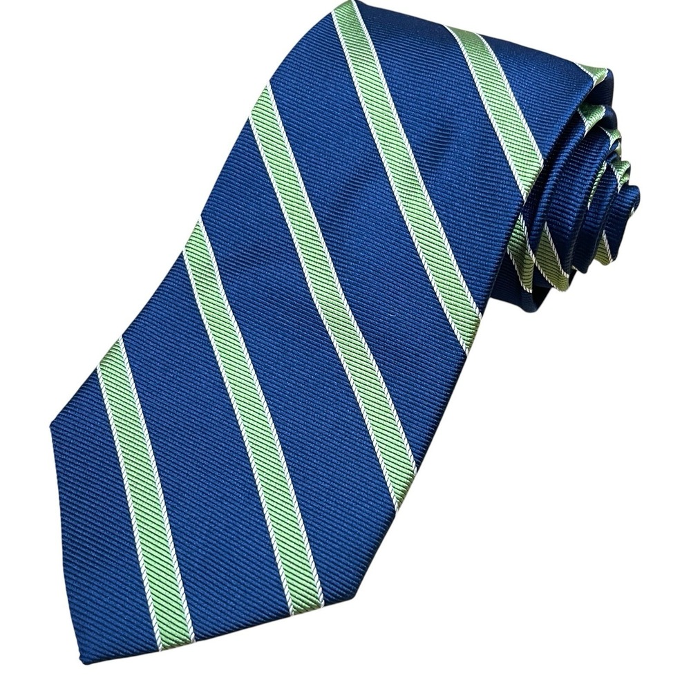 NWT Vintage Lands End 100% Silk Repp Tie Navy/Green Bar Stripe Classic Ivy Style